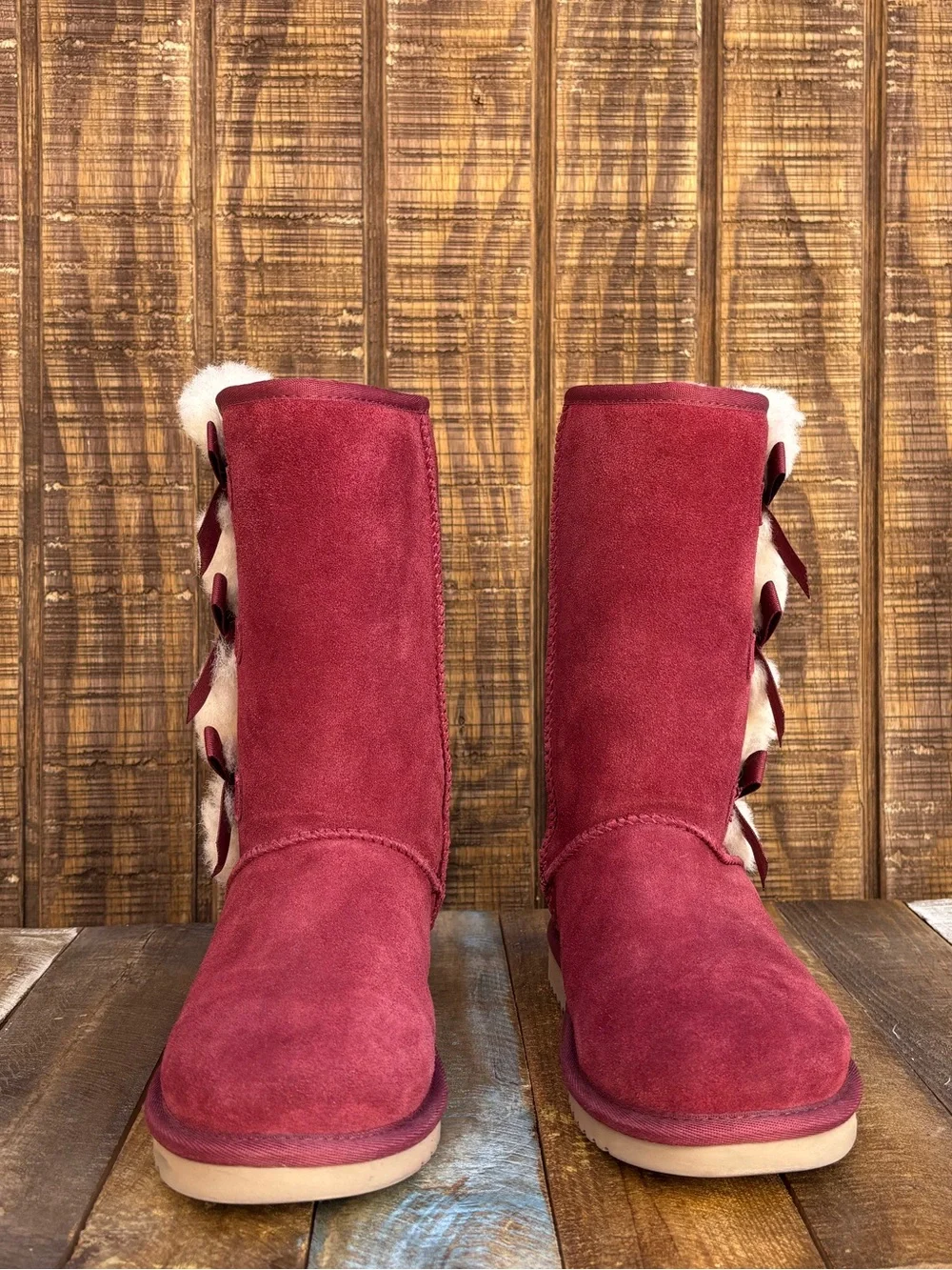 Koolaburra By UGG Victoria Red Wine Color Tall Boots With Pom-Pom Bows